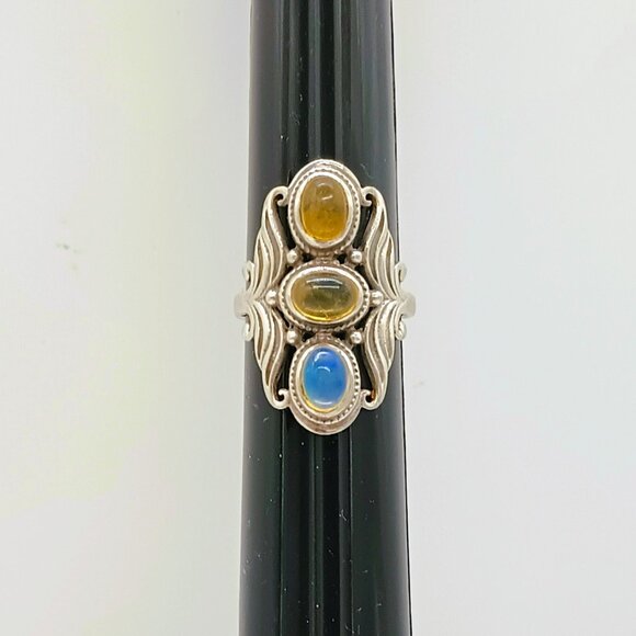 PTI 925 Triple Moonstone Ring 8.5 Sterling Silver Oblong Saddle Boho Ring - Picture 8 of 8